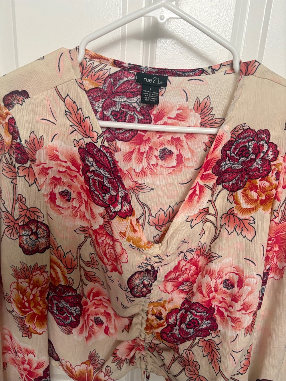 rue21 Cream Floral V-Neck Blouse with Pink & Burgundy Blooms